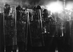 Untitled (Riot Cops), 2016. Charcoal on mounted paper, 2 panels, 101 x 140 inches (256.5 x 355.6 cm).