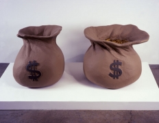 Jim Shaw, Money Bags, 2001. Foam, acrylic, paint and resin, 23 x 26 3/4 x 20 inches; 23 1/2 x 23 3/4 x 26 1/4 inches; installed dimensions: 57 1/2 x 26 3/4 inches. MP 131