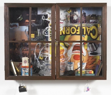 Inkantinent Mochte Gemacht; Kalifornia, 2011. Mixed media collage in cabinet/window, 37 1/2 x 49 1/2 x 10 inches (95.3 x 125.7 x 25.4 cm). MP 19