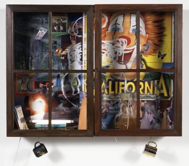 Inkantinent Mochte Gemacht; Texas, 2011. Mixed media collage in cabinet/window, 37 1/2 x 49 1/2 x 10 inches (95.3 x 125.7 x 25.4 cm). MP 18