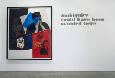 Paulina Olowska, Ambiguity could have been avoided here, 2009. Silkscreen on paper and fabric, glue, colored gels, tape, foil, 74 1/4 x 63 1/2 inches (188.6 x 161.3 cm); framed: 78-3/4 x 68-3/8 inches (196.2 x 171.8 cm). MP D-46