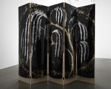 Yours, Patsy Cline screen #1, 2010. Acetate, foil, mdf, 5 panels, 85 x 19 x 1 inches (each panel); 85 x 95 x 1 inches (overall). MP 136