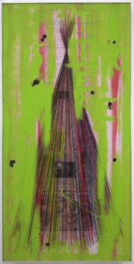 Stephen G Rhodes, Overlooked Xcorcize 6, 2009. Crayon, ink, wax, resin, green paint and collage on board, 84.25 x 42.25 inches (214 x 107.3 cm). MP 2
