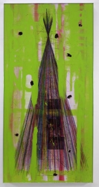 Stephen G Rhodes, Overlooked Xcorcize 5, 2009. Crayon, ink, wax, resin, green paint and collage on board, 84.25 x 42.25 inches (214 x 107.3 cm). MP 1