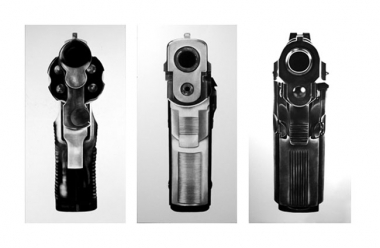 Robert Longo, Untitled (Bodyhammers: 9mm, Revolver .38, Beretta), 2008. Charcoal on mounted paper, 3 panels, each 96 x 48 inches (each gun) (243.8 x 121.9 cm). MP D-875