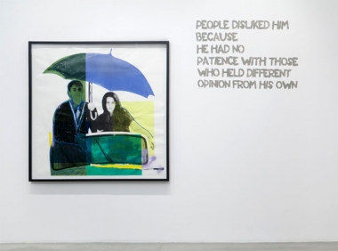 Paulina Olowska, People disliked him because he had no patience with those who held different opinion from his own, 2009. Silkscreen on paper, glue, colored gels, tape, foil, oil marker and crayon, 56-3/4 x 55-1/4 inches (140.3 x 139.1 cm); framed:61 x 60-1/2 inches (154.9 x 151.1 cm). MP D-45