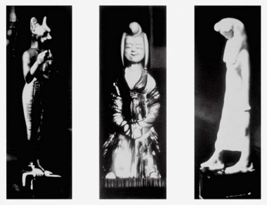 Untitled (triptych 3 figurines from 3 different locations in apartment 1938), 2000. Graphite and charcoal on mounted paper, 87 x 30 inches each (220.9 x 76.2 cm). MP D-389