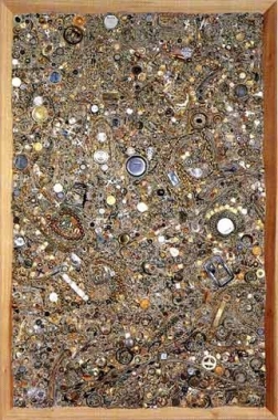 Memory Ware Flat #21, 2001. Paper pulp, tile grout, acrylic, miscellaneous beads, buttons, jewelry on wooden panel, 70 1/4 x 46 1/2 x 4 inches. MP 01-03