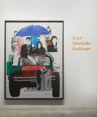 Paulina Olowska, Car Mobile Collage, 2009. Silkscreen on paper and fabric, glue, colored gels, tape, foil, oil marker and crayon, image: 99 x 73.5 inches (251.5 x 186.7 cm); framed: 103 1/4 x 77 7/8 inches (262.3 x 197.8 cm). MP D-43