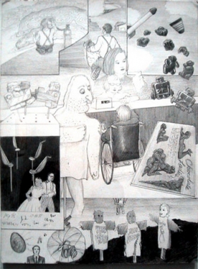 Untitled (In a Small Town egg like aliens took over people) (Dream Drawing, Chocolate ladies, scarecrow, wheelchair), 1998. Pencil on paper, 12 x 9 inches. MP d-183