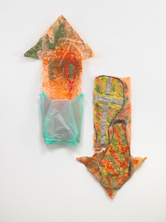 Allyson Vieira, Orange to Green, 2018. Styrofoam, plastic bags, spray paint, hi-visibility vest, resin, Overall 64 x 47 1/2 x 5 3/4 inches (162.6 x 120.7 x 14.6 cm).