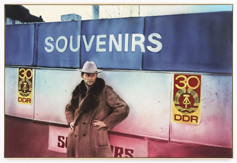 Martin Kippenberger painting  of a figure in front of a souvenir sign