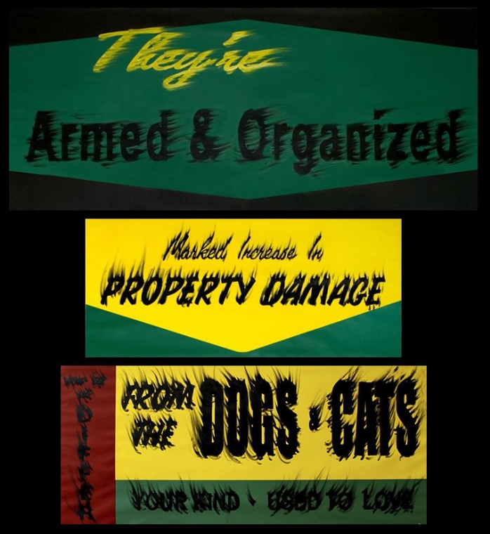Gary Simmons triptych on paper 'Armed and Organized, Property Damage, Dogs & Cats'